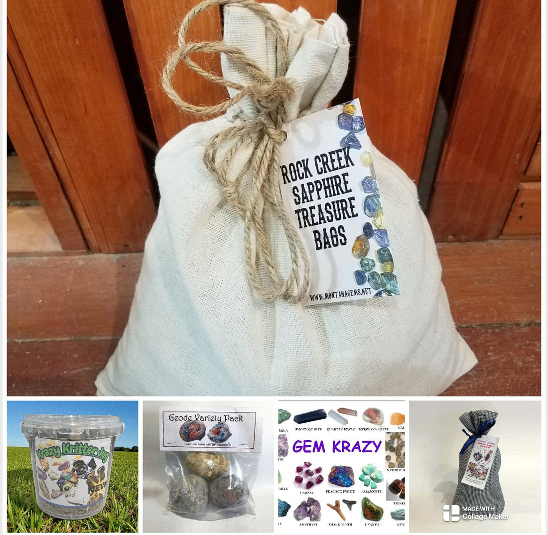 Muslin bag labeled 'Rock Creek Sapphire Treasure Bags' with a tag featuring images of gemstones, with multiple other gravel products shown.
