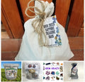 Muslin bag labeled 'Rock Creek Sapphire Treasure Bags' with a tag featuring images of gemstones, with multiple other gravel products shown.