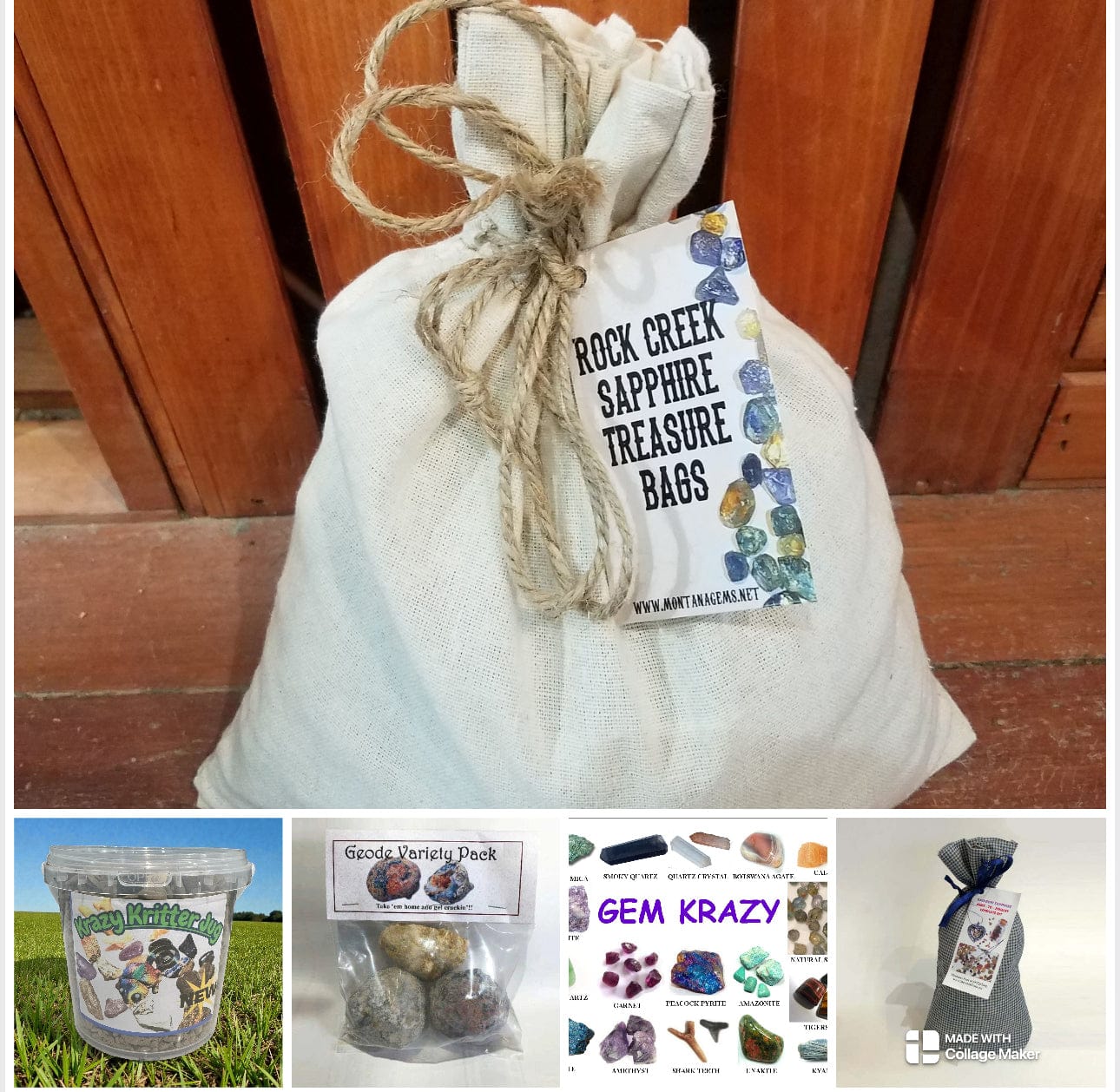 Muslin bag labeled 'Rock Creek Sapphire Treasure Bags' with a tag featuring images of gemstones, with multiple other gravel products shown.