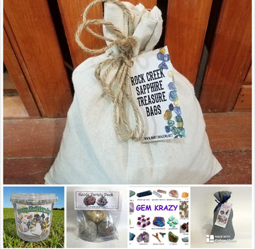 Muslin bag labeled 'Rock Creek Sapphire Treasure Bags' with a tag featuring images of gemstones, with multiple other gravel products shown.