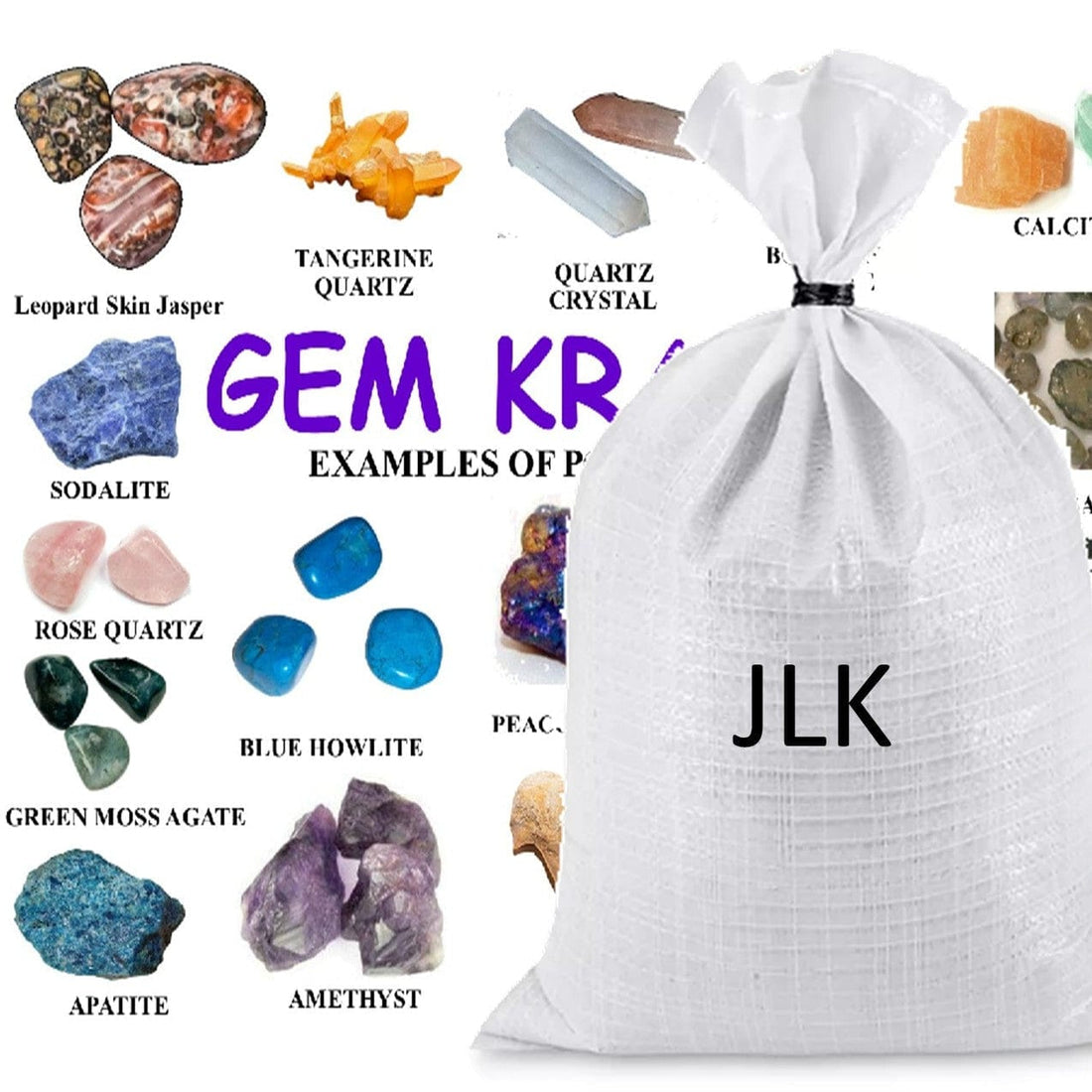 White bag labeled 'JLK' with crystals and gemstones displayed on a white background