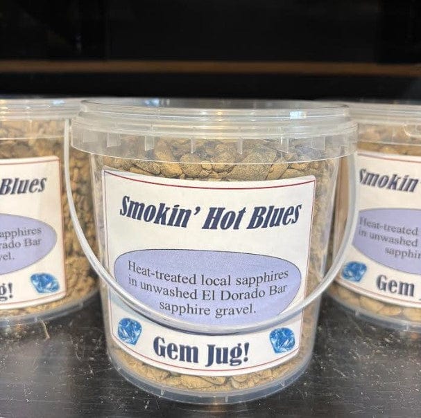 Container labeled 'Smokin' Hot Blues Gem Jug! Sapphire mining gravel