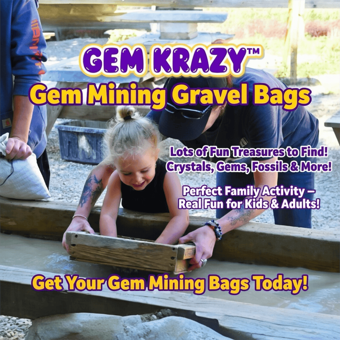 Gem Krazy's Fun Gem Mining Gravel Bags featuring various gemstone, fossils and crystals.