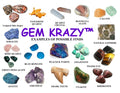 Display of various gemstones with labels and 'Gem Krazy' branding.