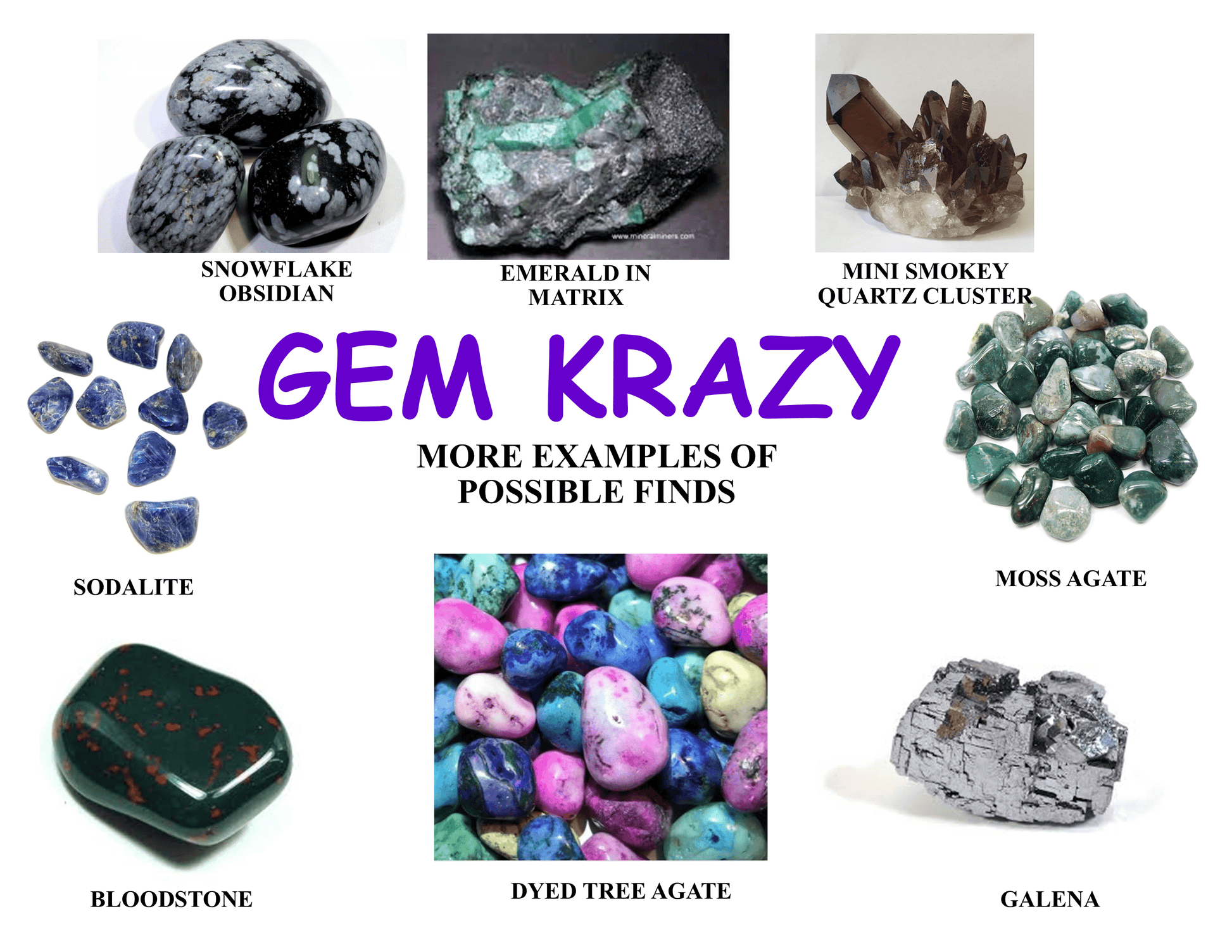 Promotional image for Gem Krazy with various gemstones and minerals.